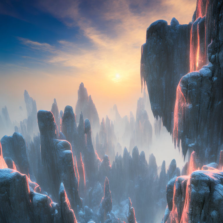 Snow-capped peaks under pastel sky at sunrise