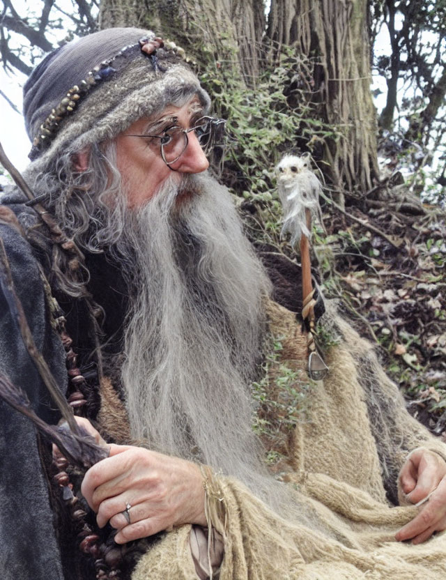 Elderly man with grey beard, glasses, headband, robe, and staff poses outdoors