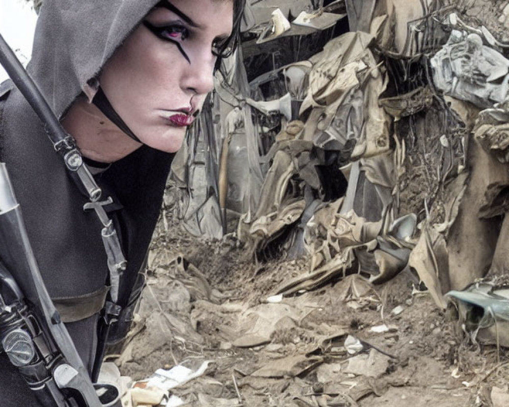 Person with dramatic makeup holding rifle in front of metallic wreckage