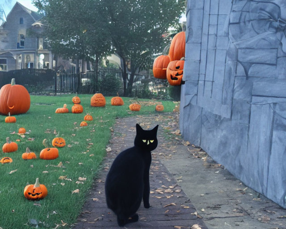 Black Cat Surrounded by Carved Pumpkins on Walkway with Halloween Theme