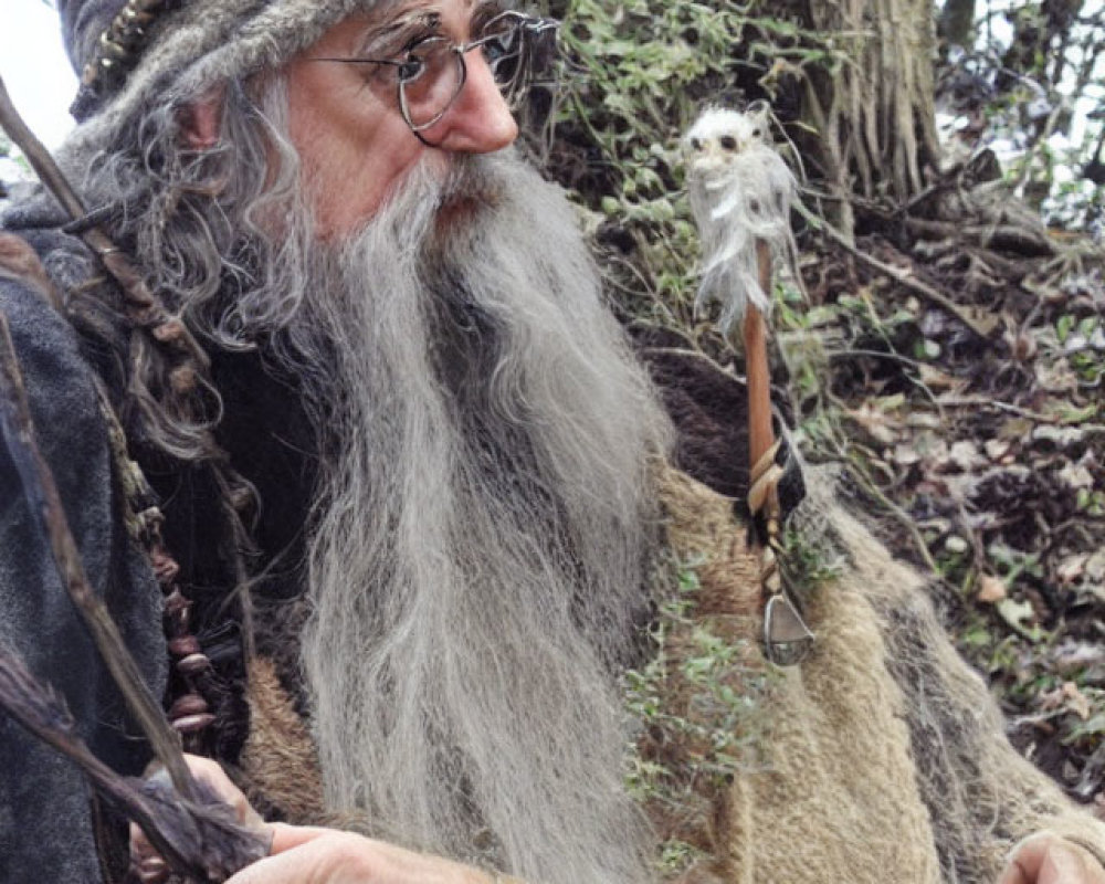 Elderly man with grey beard, glasses, headband, robe, and staff poses outdoors