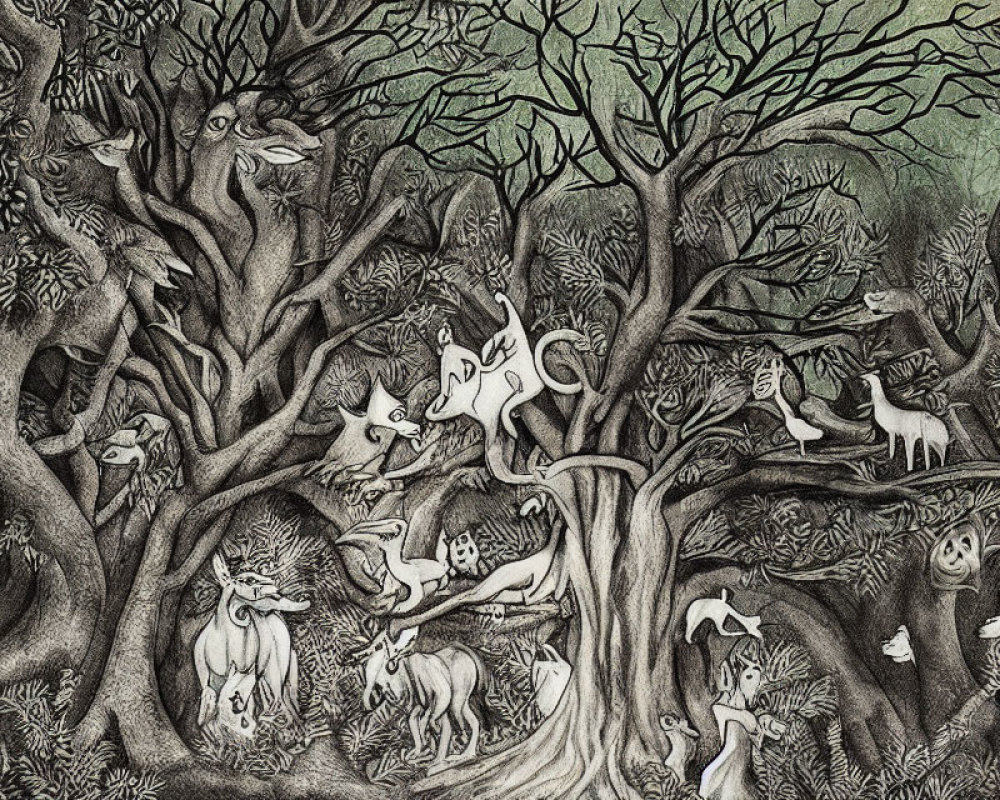 Greyscale whimsical forest with face trees and fantastical creatures