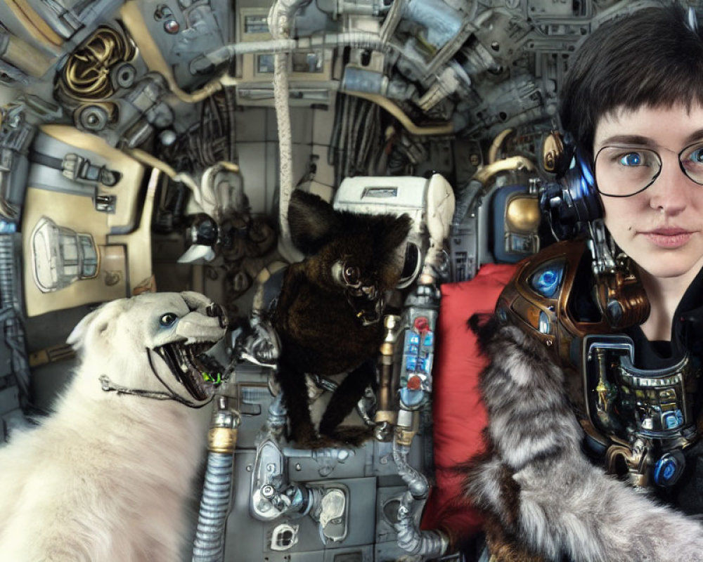 Person in pilot's helmet with dog and cat in sci-fi suits in spaceship cockpit.