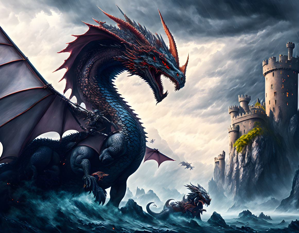 Red and Black Dragon with Stormy Sea and Castles in Background