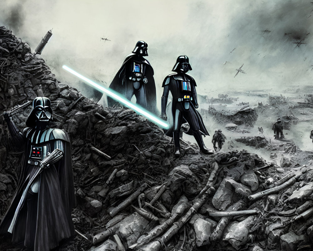 Three Darth Vader figures in battlefield scene with lightsaber and fallen soldiers.