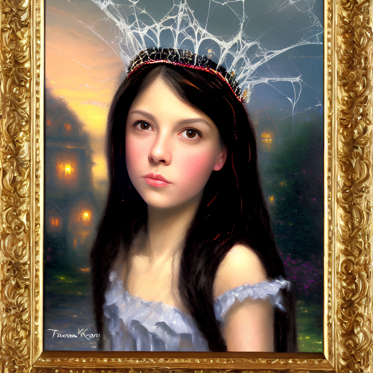 Dark-haired girl with spider web crown in golden frame on twilight backdrop