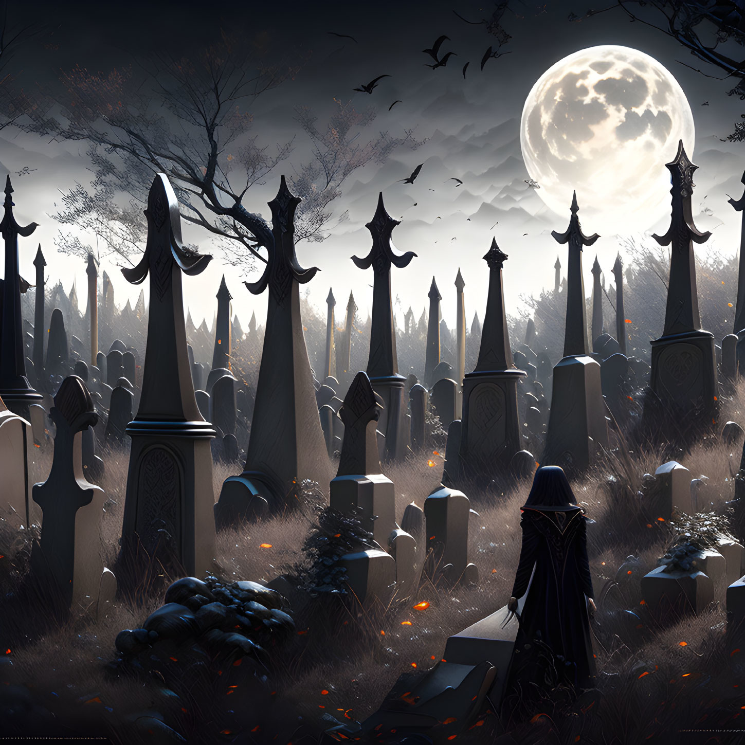 Cloaked figure in moonlit graveyard with tombstones and birds