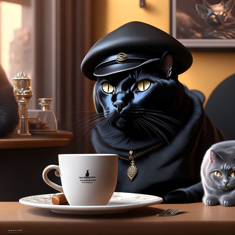 Black Cat in Beret with Coffee and Kitten at Elegant Table