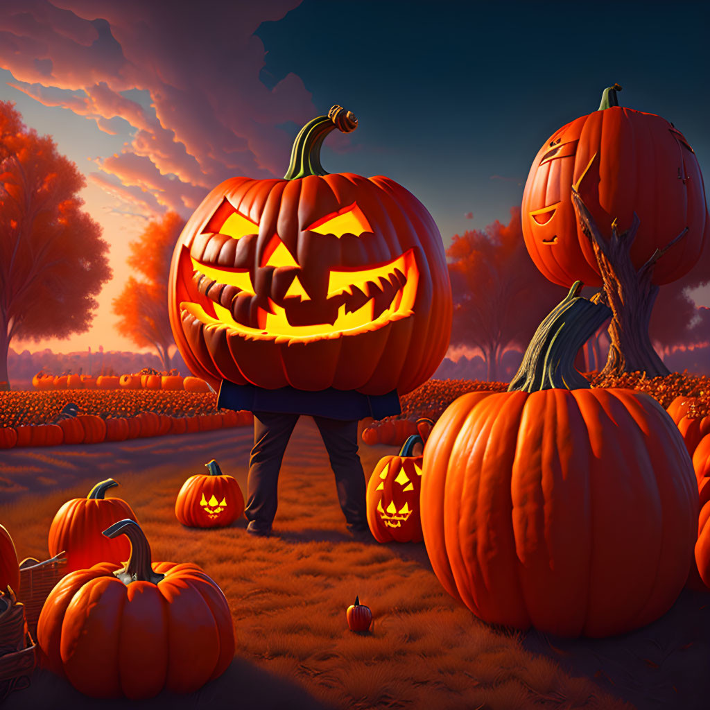 Anthropomorphic carved pumpkins in autumn pumpkin field at dusk