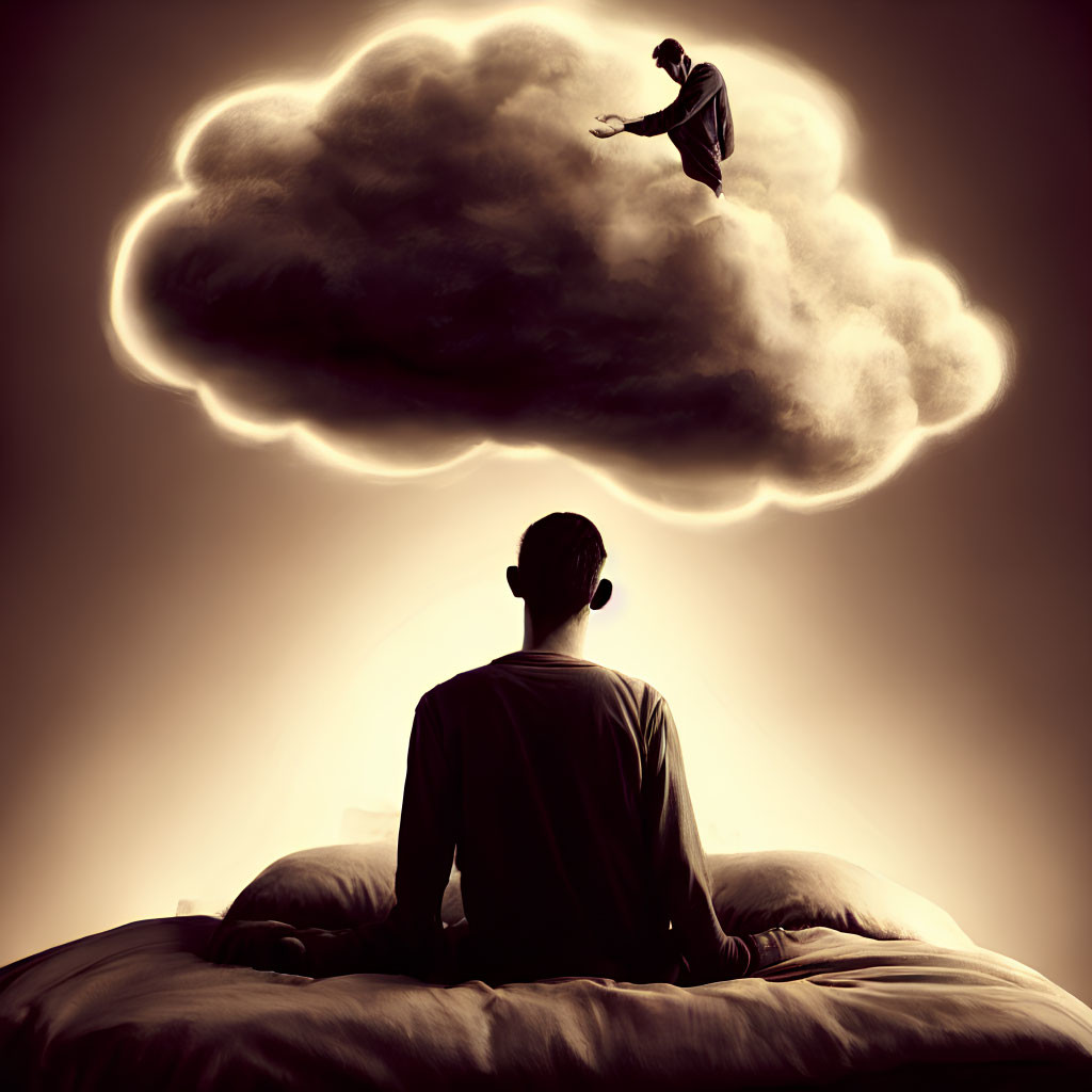 Person gazing at figure on large cloud with dramatic backdrop