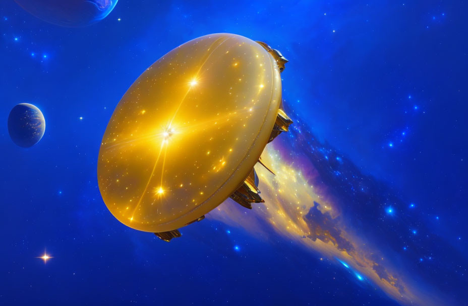 Golden disc-shaped UFO flying through space with stars and planets in the background.