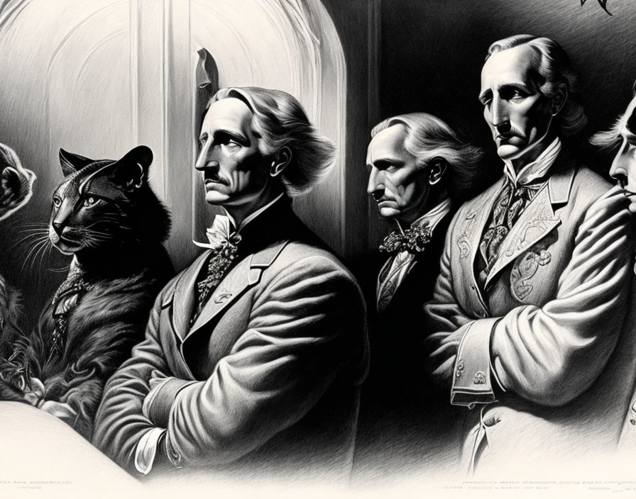 Monochrome illustration of cat with three men in formal attire