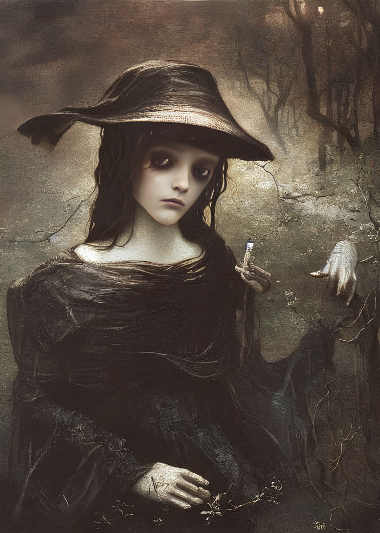 Gothic portrait of girl in black dress with vial, mysterious hand in forest