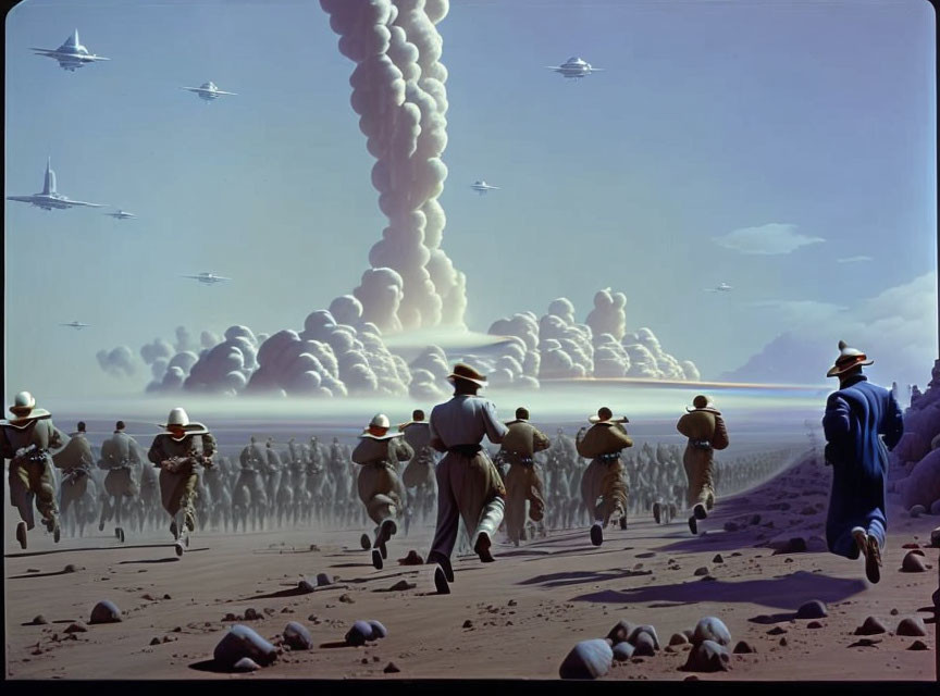 Group of people in uniforms running towards explosion on desert terrain