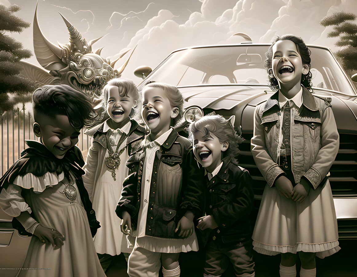 Monochrome picture: Children, creatures, classic car laughing.