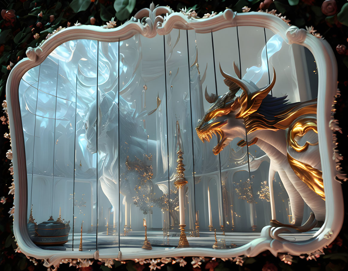 Vintage mirror reflecting majestic golden dragon in ethereal palace