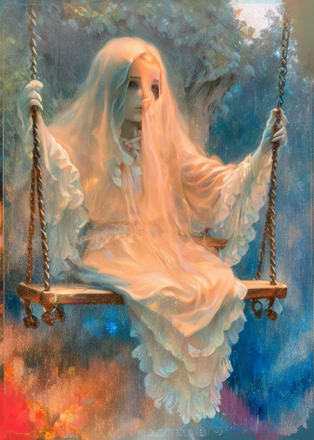 Long-haired figure on swing with dreamy backdrop