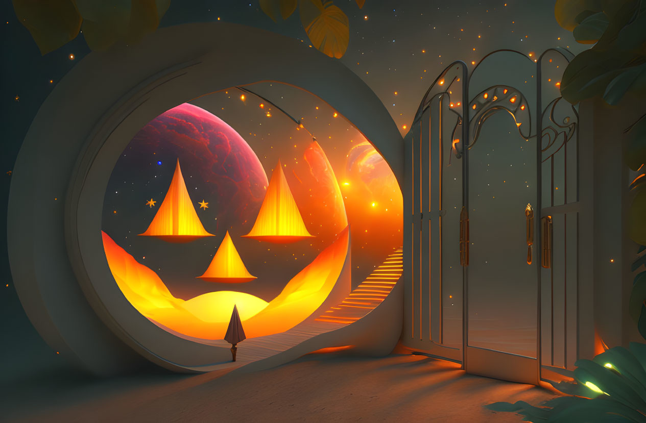 Surreal doorway with glowing red moon and flying ships in starry night