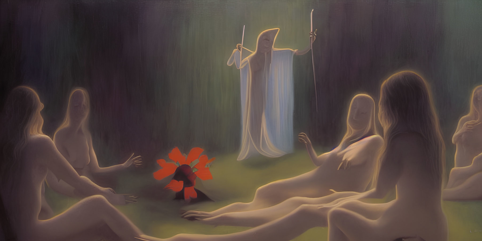 Mystical painting of nude figures around red flower with shrouded entity