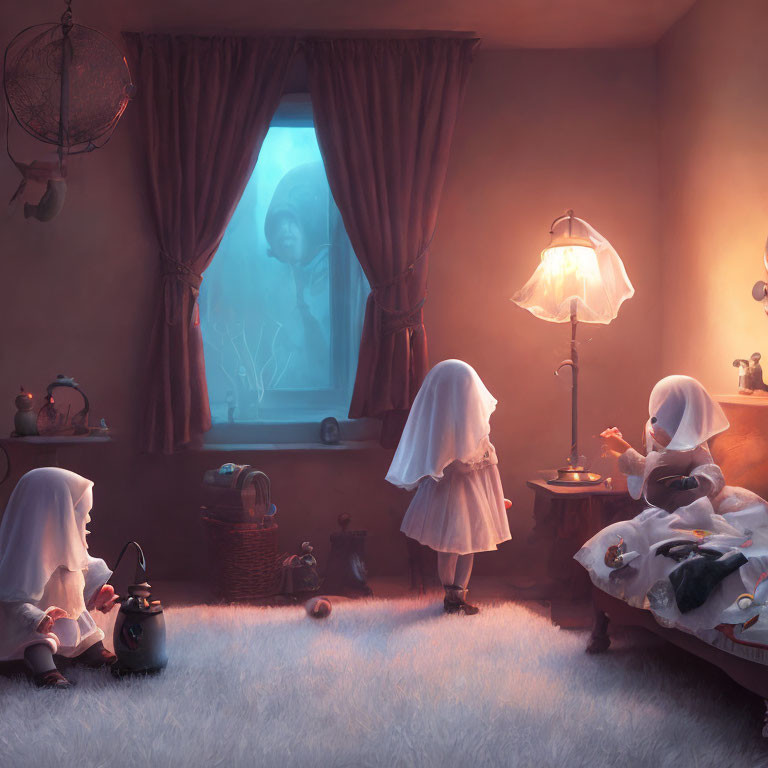 Ghostly figures reading and sewing in cozy room, with looming figure outside.