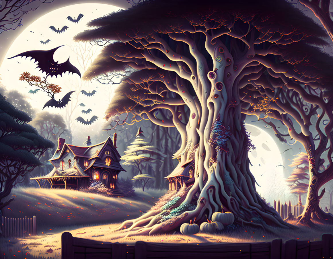 Spooky Halloween-themed illustration of a house, tree, pumpkins, bats, and mystical atmosphere