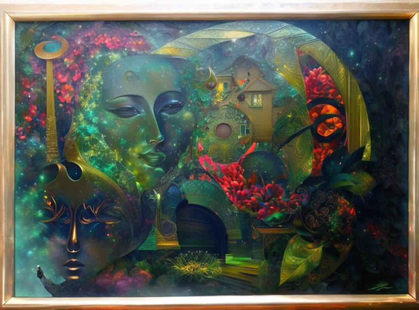 Surrealist painting: Mystical faces in colorful garden