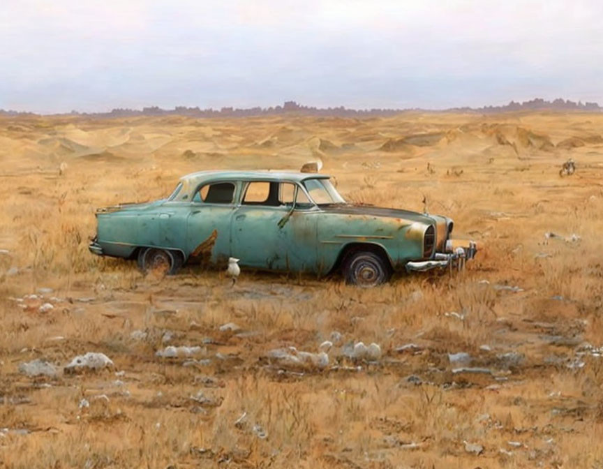 Rusty turquoise car in barren field with dry grass