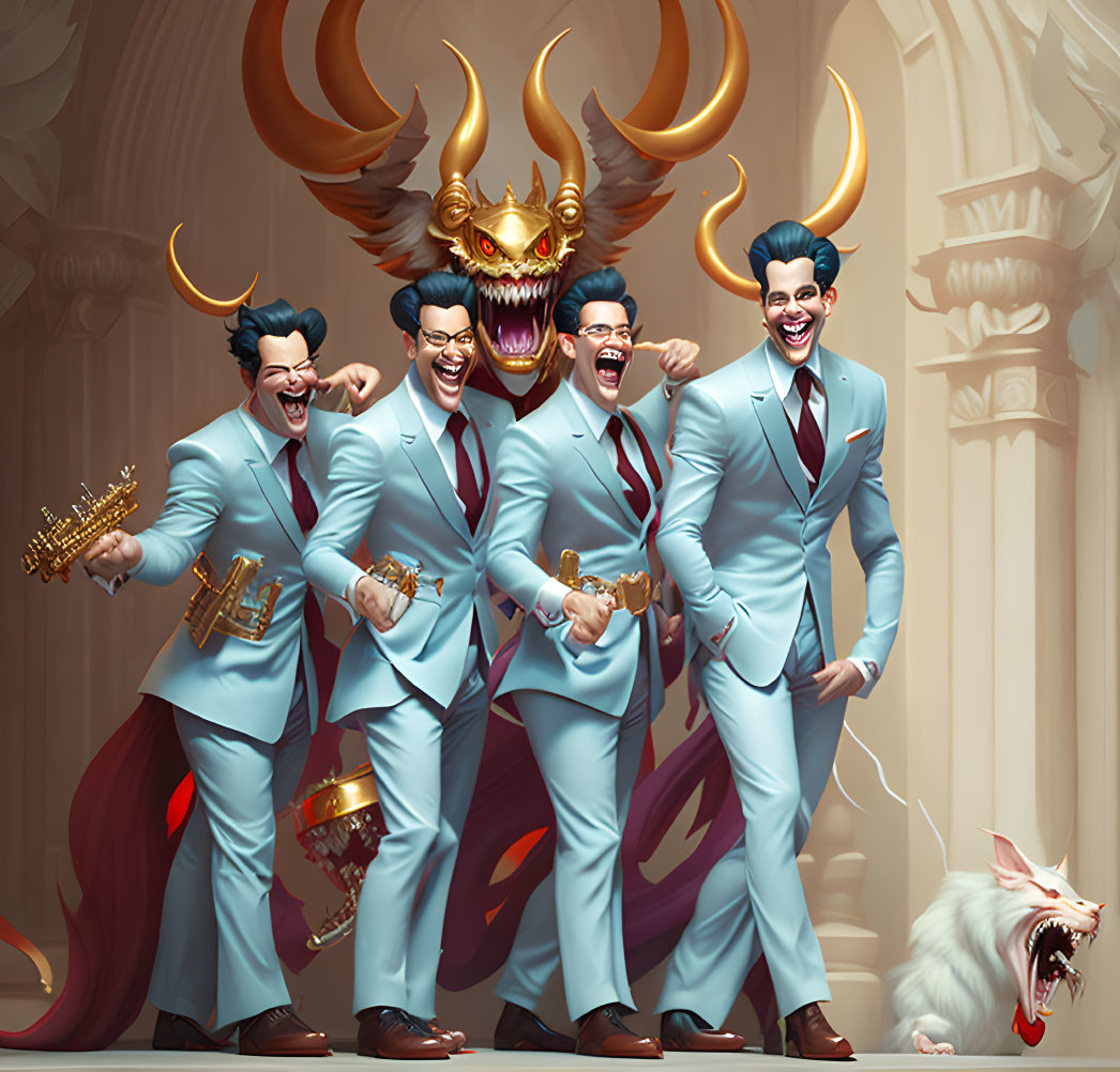 Four men in stylish attire with exaggerated smiles and a horned creature, set against an ornate backdrop