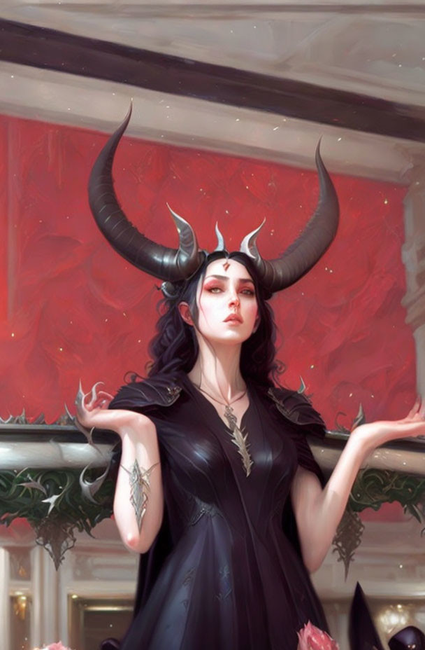 Illustrated female figure with large horns and mystical jewelry in black dress against red backdrop