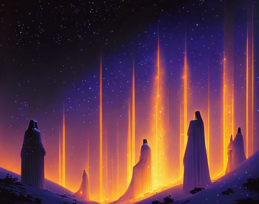 Cloaked figures view mystical sky with vertical light streams