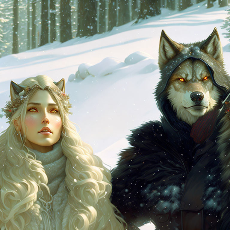 Fantasy illustration of woman with white hair and wolf ears with large wolf in snowy forest