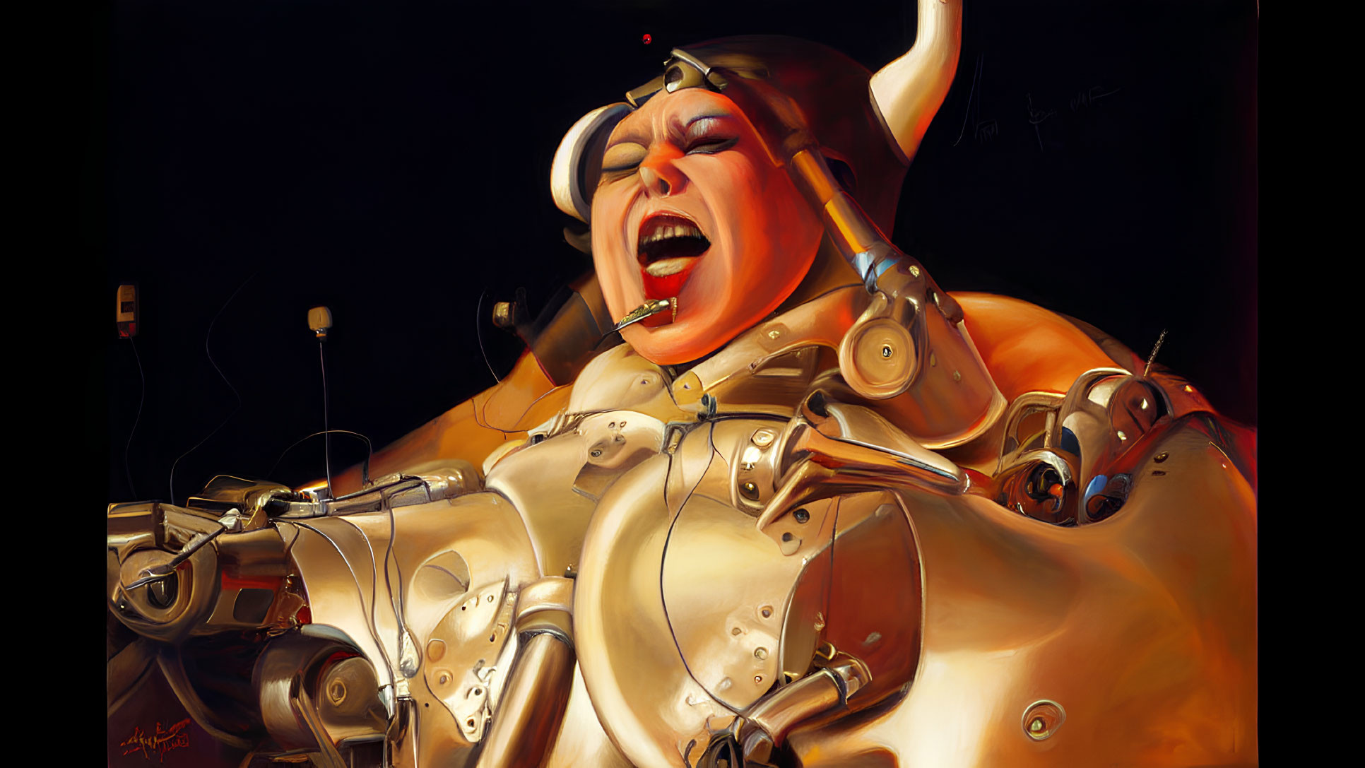 Illustration of laughing person in futuristic mechanical armor with gadgets and horn.