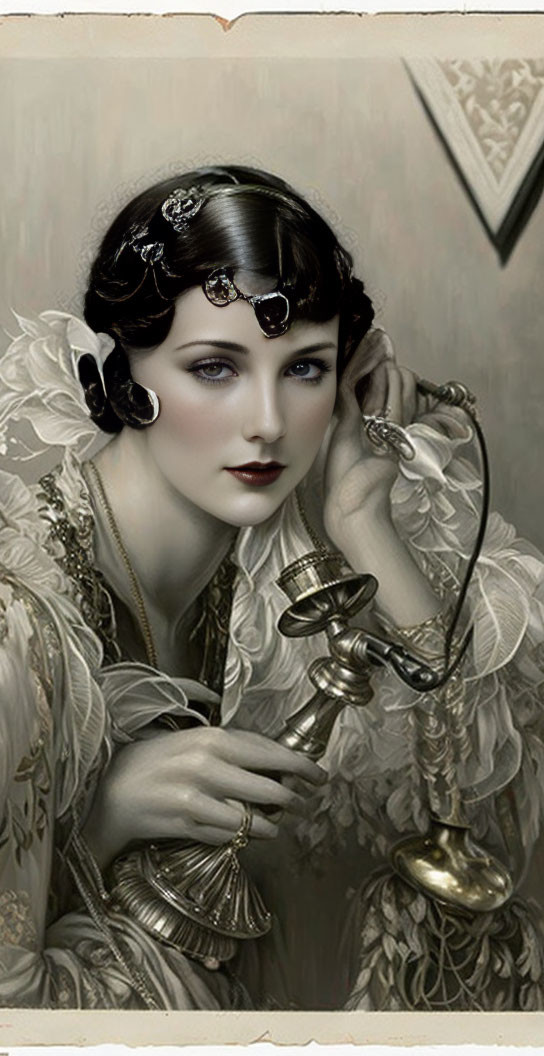 Vintage Portrait of Woman with Dark Hair in 1920s Style Holding Antique Telephone