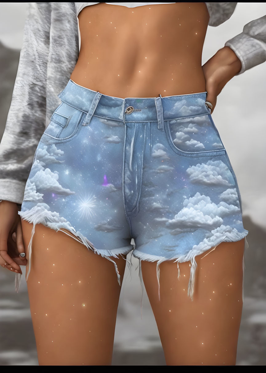 Person in Cosmic Denim Shorts on Muted Background