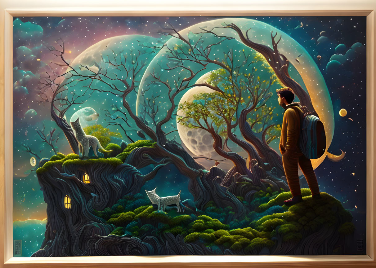 Man with backpack gazes surreal moons, luminous tree, white fox, howling wolf statue.