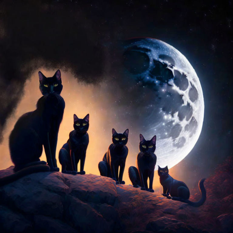 Five Black Cats on Rocky Surface Under Luminous Moon