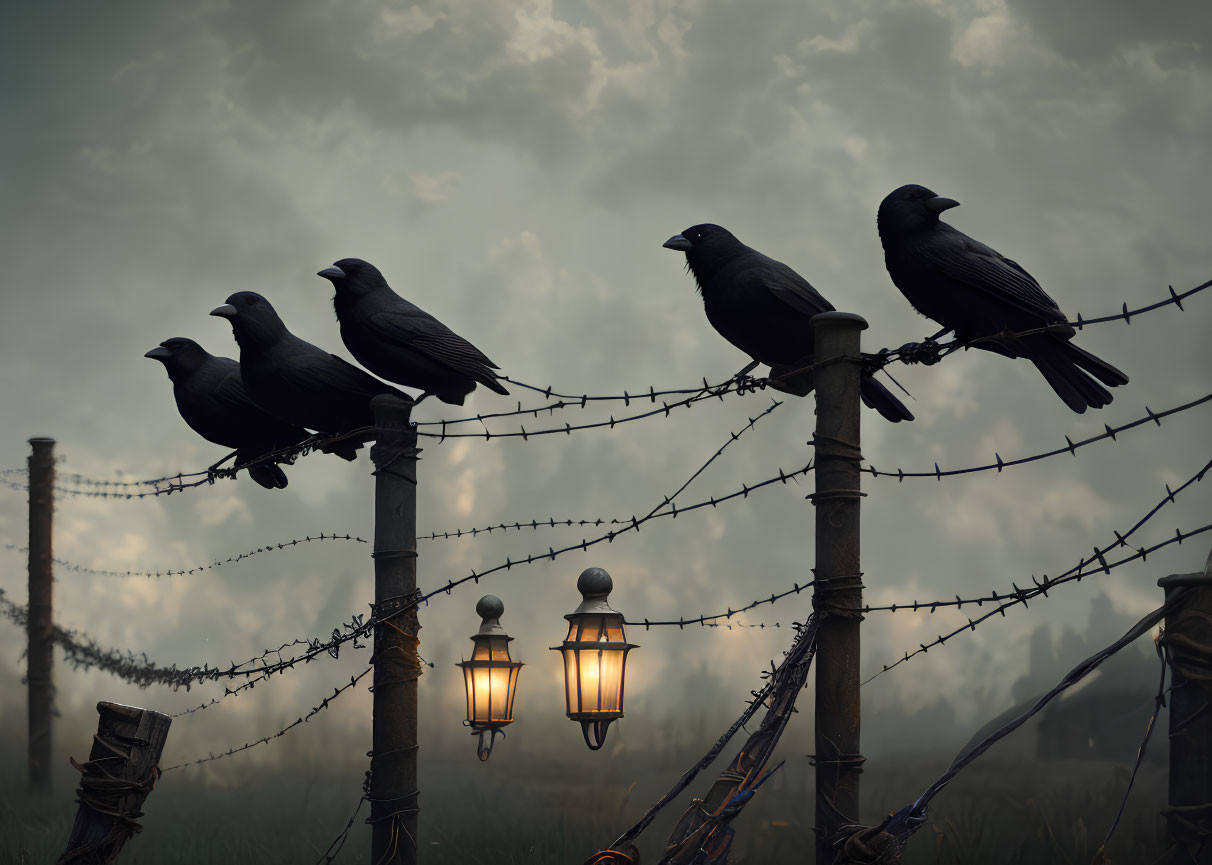 Four crows on barbed wire fence under moody sky