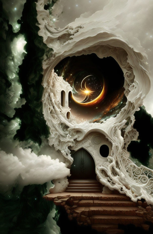 Whimsical artwork of cosmic doorway with swirling galaxy