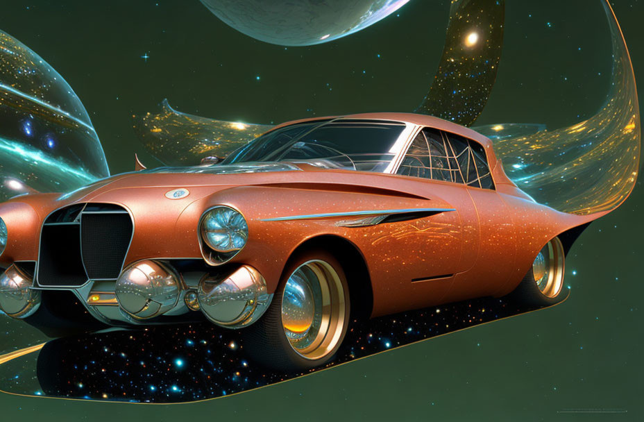 Futuristic orange car hovers in space with celestial background