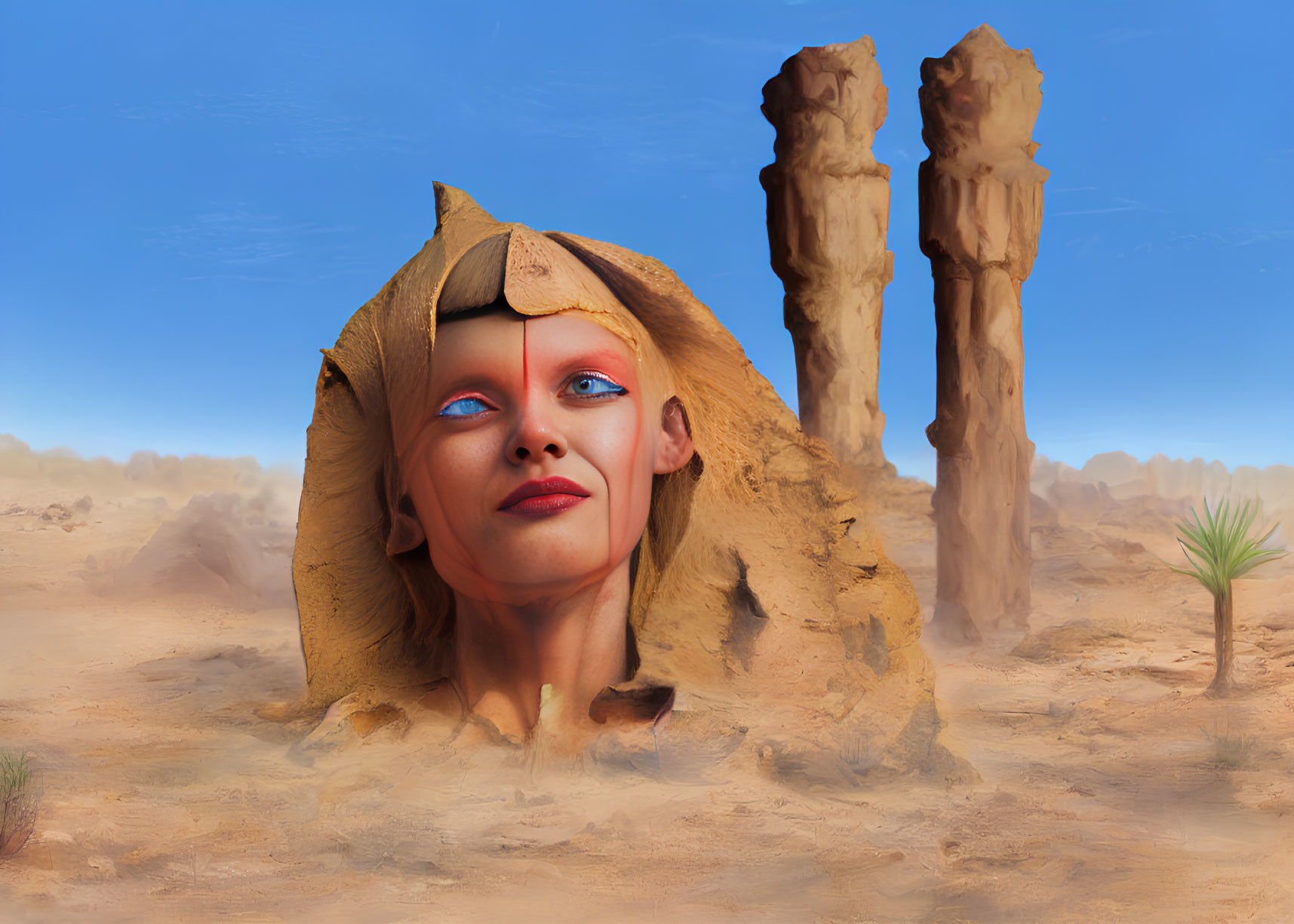 Surreal desert landscape with woman's head and blue eyes emerging from sands