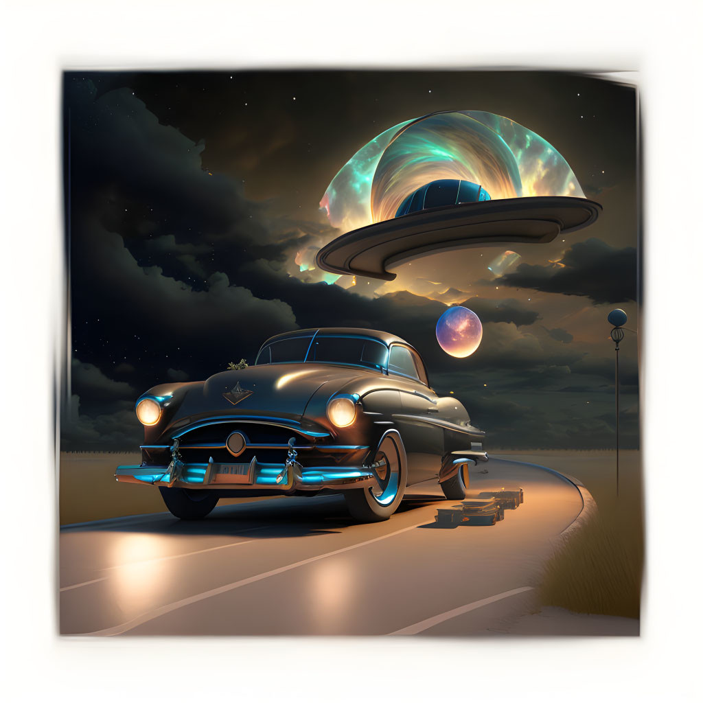 Vintage car under starry sky with UFO: Sci-fi night scene