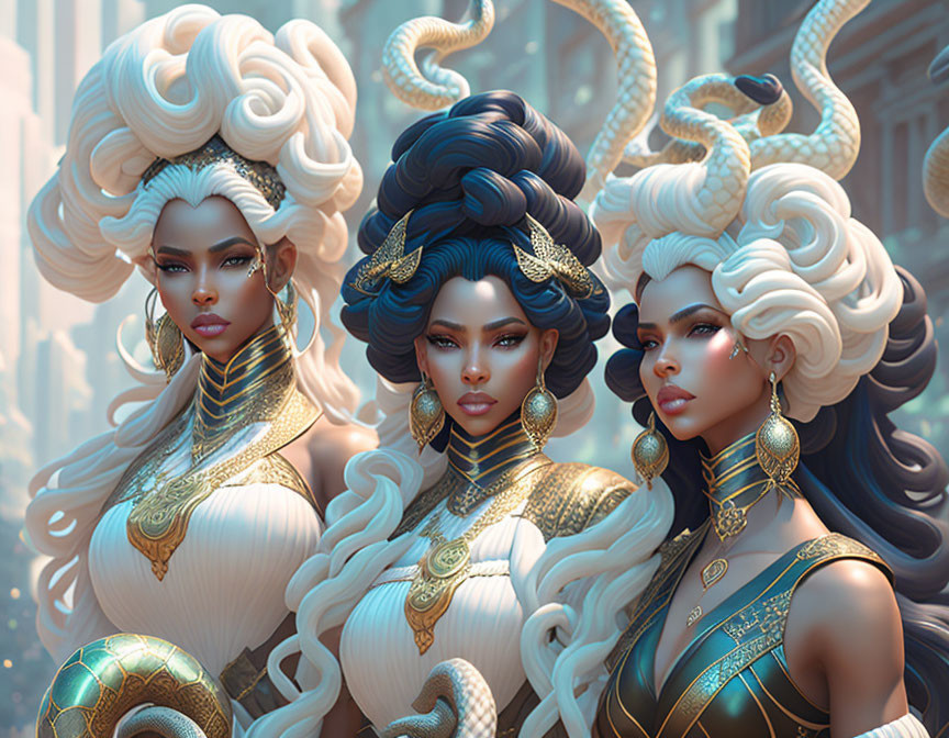 Stylized women with white hairstyles and gold jewelry in fantastical setting