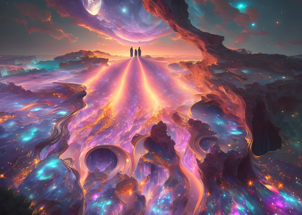 Silhouetted figures on vibrant celestial landscape with swirling colors