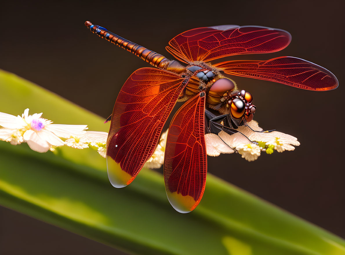 Colorful Dragonfly Resting on Green Leaf with Reddish Wings