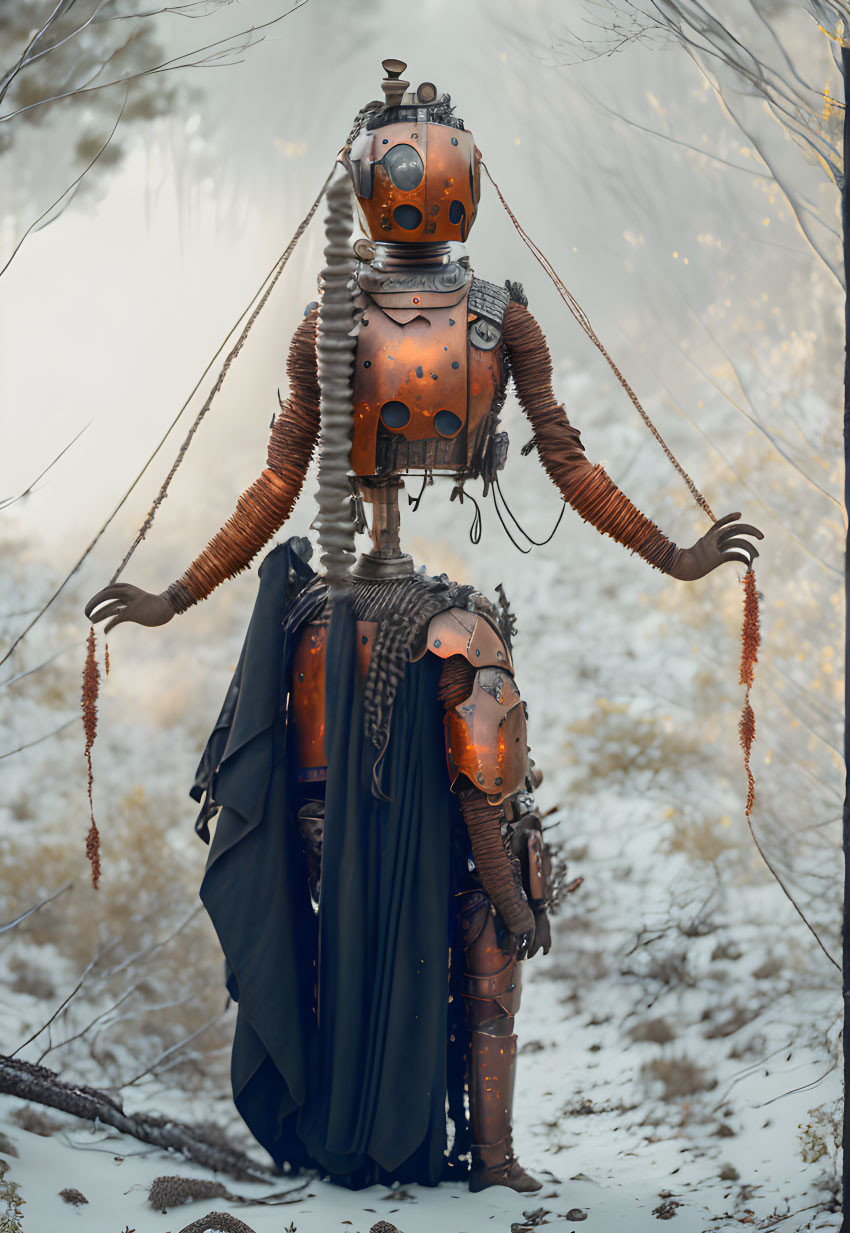 Vintage humanoid robotic figure in orange-brown metal, standing in snowy landscape with trees and dark cape