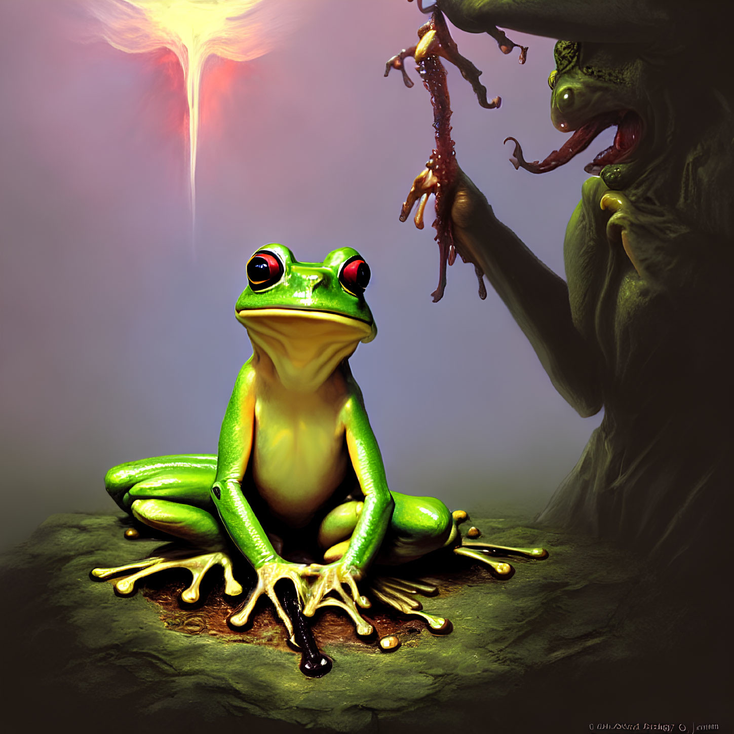 Green frog on rock with looming shadowy figure and mystical light