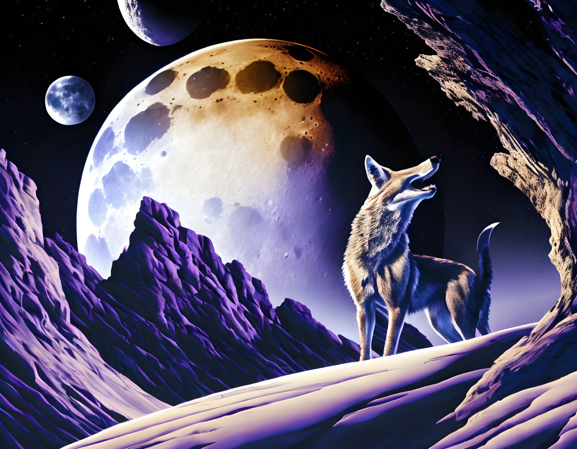 Wolf howling on purple rocky terrain under night sky with moons