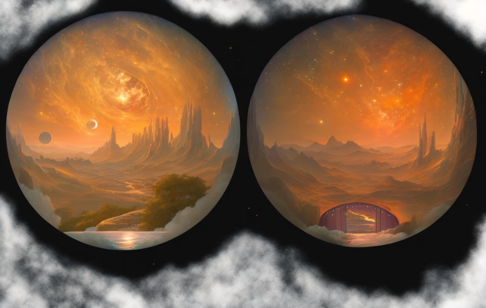 Circular Frame Surreal Landscape: Rocky Spires, Distant Bridge, Celestial Bodies in Amber Sky