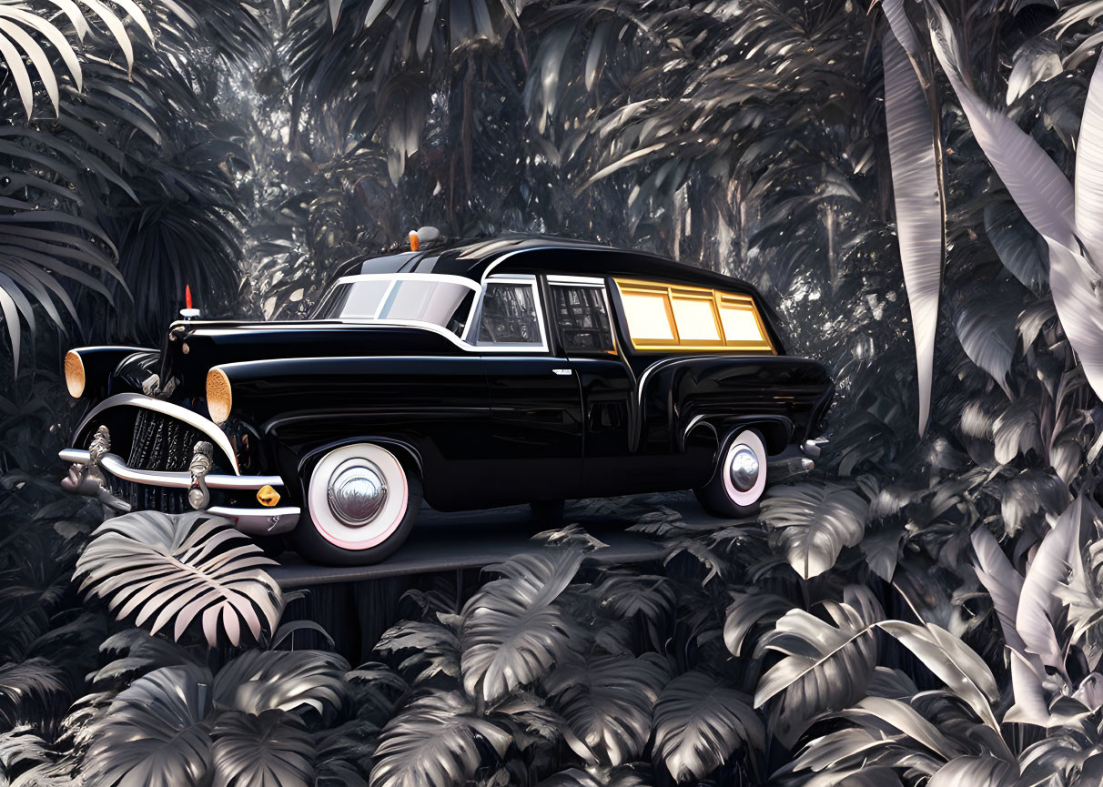 Vintage Black Car with Chrome Details in Lush Tropical Setting