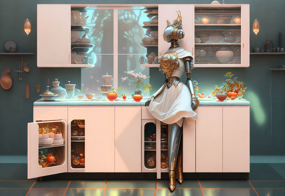 Medieval knight in armor in modern kitchen with open cabinets and fruits